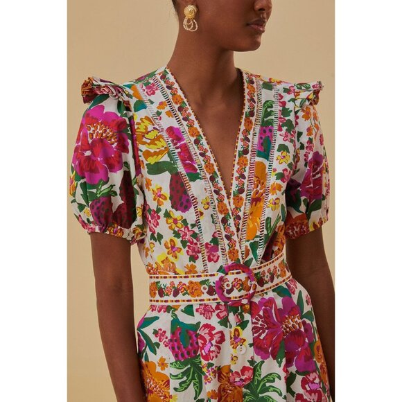 FARM RIO Romper XL Floral Off-White Flowerful Sketch Belted NEW - Picture 2 of 16